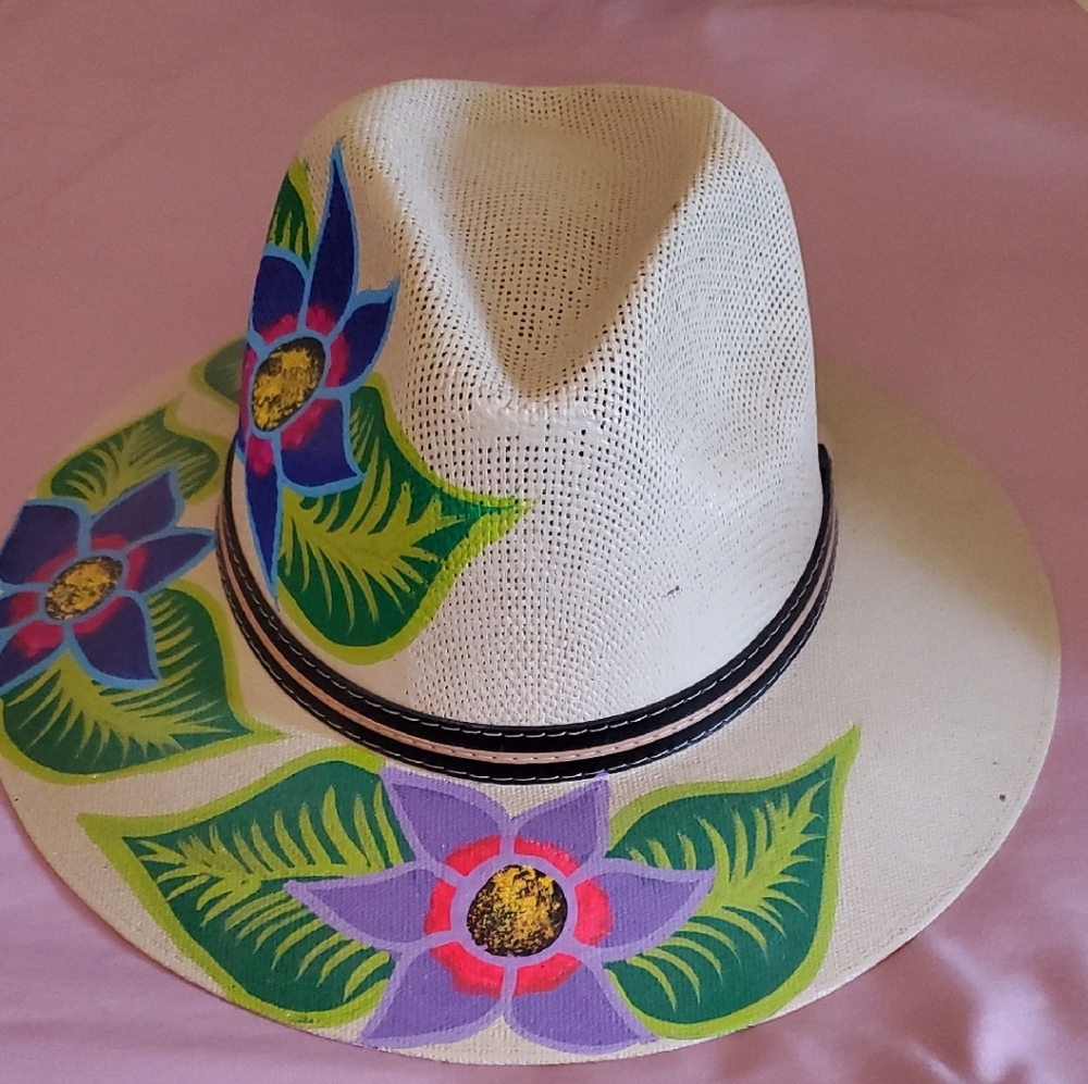Floral Cream Hat with Purple and Green Accents